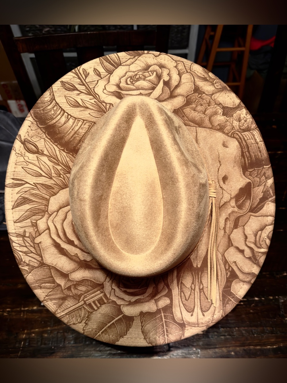 Longhorn/Aztec burned wide brim hat